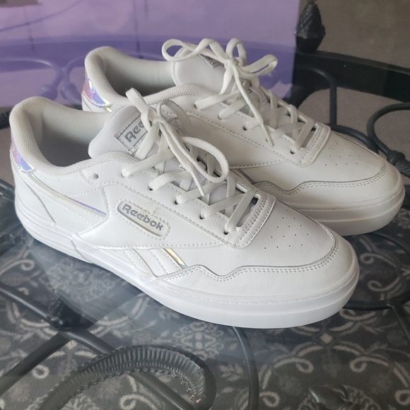 Reebok Shoes - Reebok White Sneakers with Iridescent Lavender Heel Accent